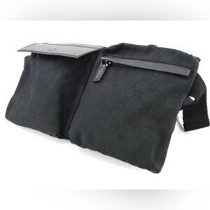 GUCCI GG Canvas Waist Pouch Body Bag Leather Black Bum Belt